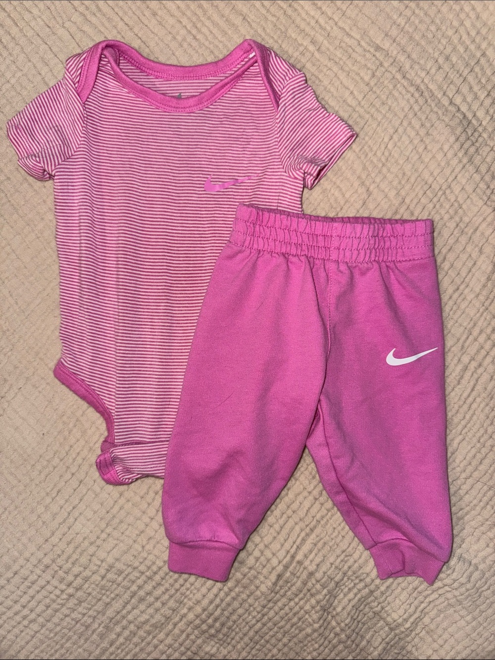 Nike Pink Striped Bodysuit and Pink Swoosh Pants Baby Set